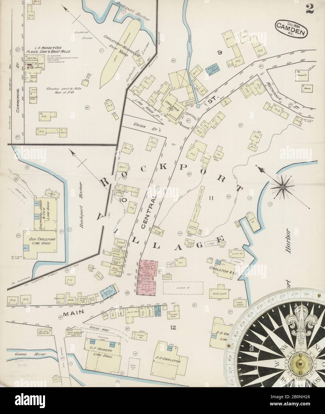 Bild 2 von Sanborn Fire Insurance Map aus Camden, Knox County, Maine. Dezember 1884Er. 2 Blatt(e), Amerika, Straßenkarte mit einem Kompass Aus Dem 19. Jahrhundert Stockfoto