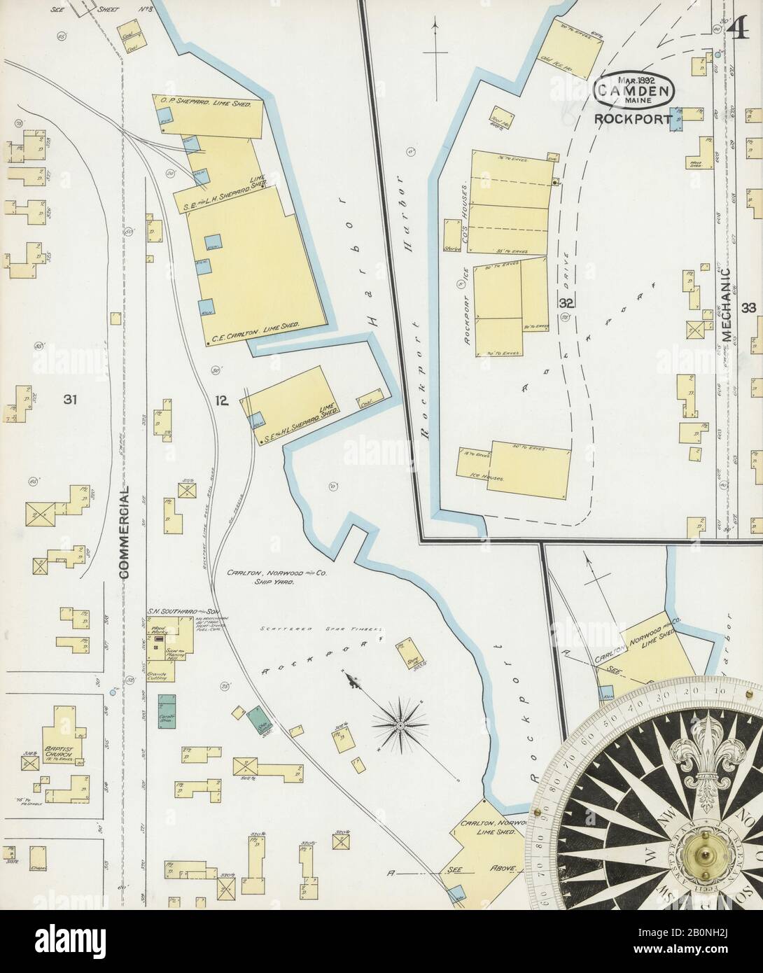 Bild 4 von Sanborn Fire Insurance Map aus Camden, Knox County, Maine. März 1892. 4 Blatt(e). Umfasst Rockport, Amerika, Straßenkarte mit einem Kompass Aus Dem 19. Jahrhundert Stockfoto
