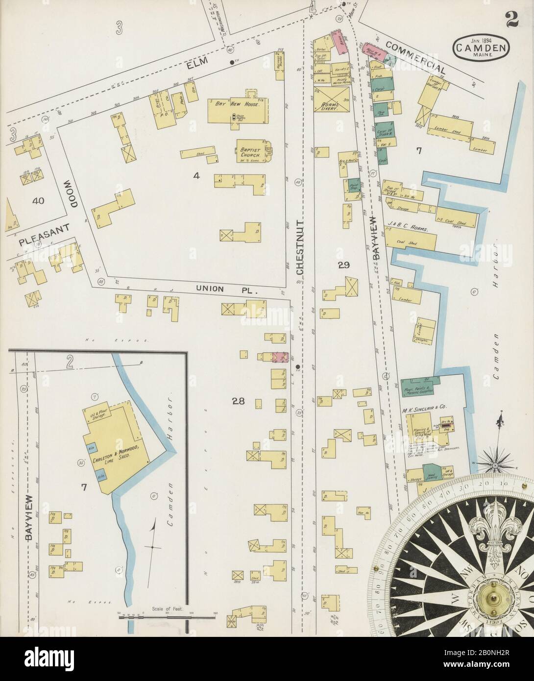 Bild 2 von Sanborn Fire Insurance Map aus Camden, Knox County, Maine. Jan 1894. 6 Blatt(e). Umfasst Rockport, Amerika, Straßenkarte mit einem Kompass Aus Dem 19. Jahrhundert Stockfoto