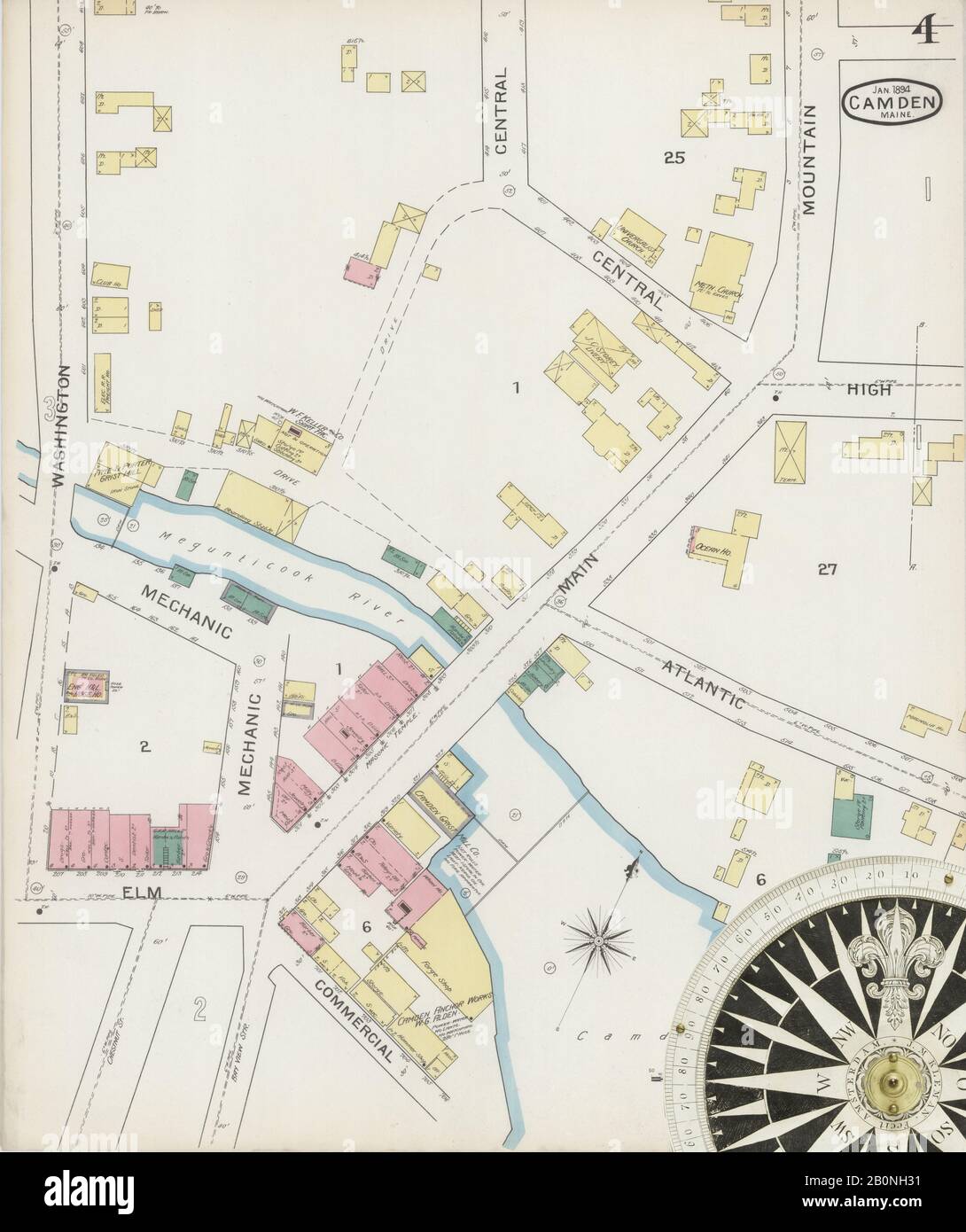 Bild 4 von Sanborn Fire Insurance Map aus Camden, Knox County, Maine. Jan 1894. 6 Blatt(e). Umfasst Rockport, Amerika, Straßenkarte mit einem Kompass Aus Dem 19. Jahrhundert Stockfoto