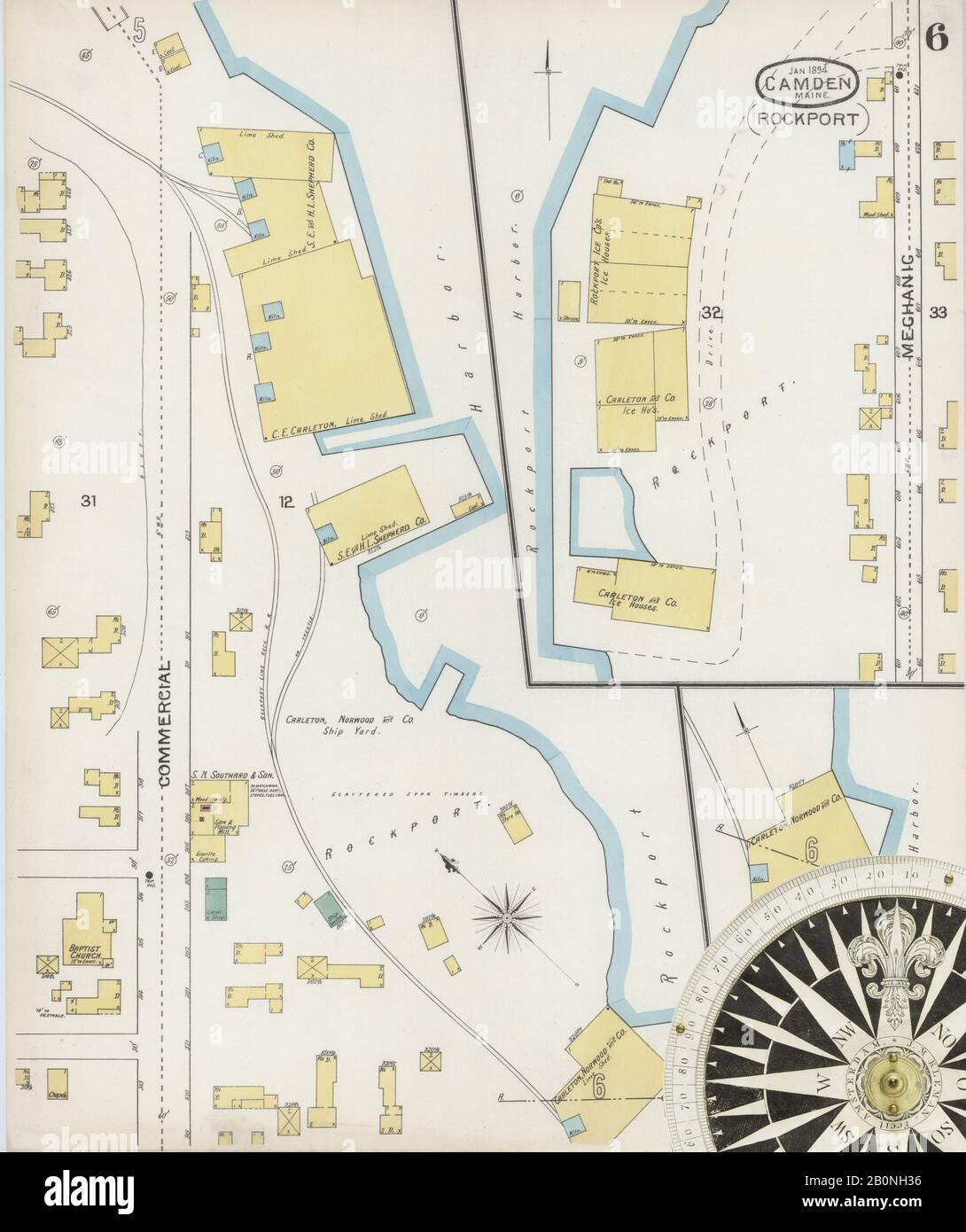 Bild 6 von Sanborn Fire Insurance Map aus Camden, Knox County, Maine. Jan 1894. 6 Blatt(e). Umfasst Rockport, Amerika, Straßenkarte mit einem Kompass Aus Dem 19. Jahrhundert Stockfoto