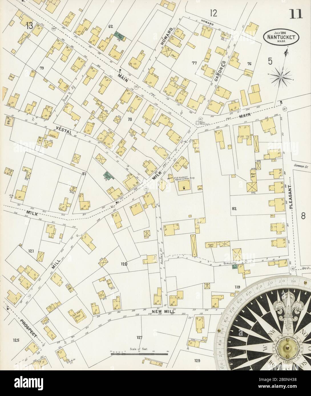 Bild 11 von Sanborn Fire Insurance Map aus Nantucket, Nantucket County, Massachusetts. Juli 1898. 15 Blatt(e). Umfasst Siasconset, Amerika, Straßenkarte mit einem Kompass Aus Dem 19. Jahrhundert Stockfoto