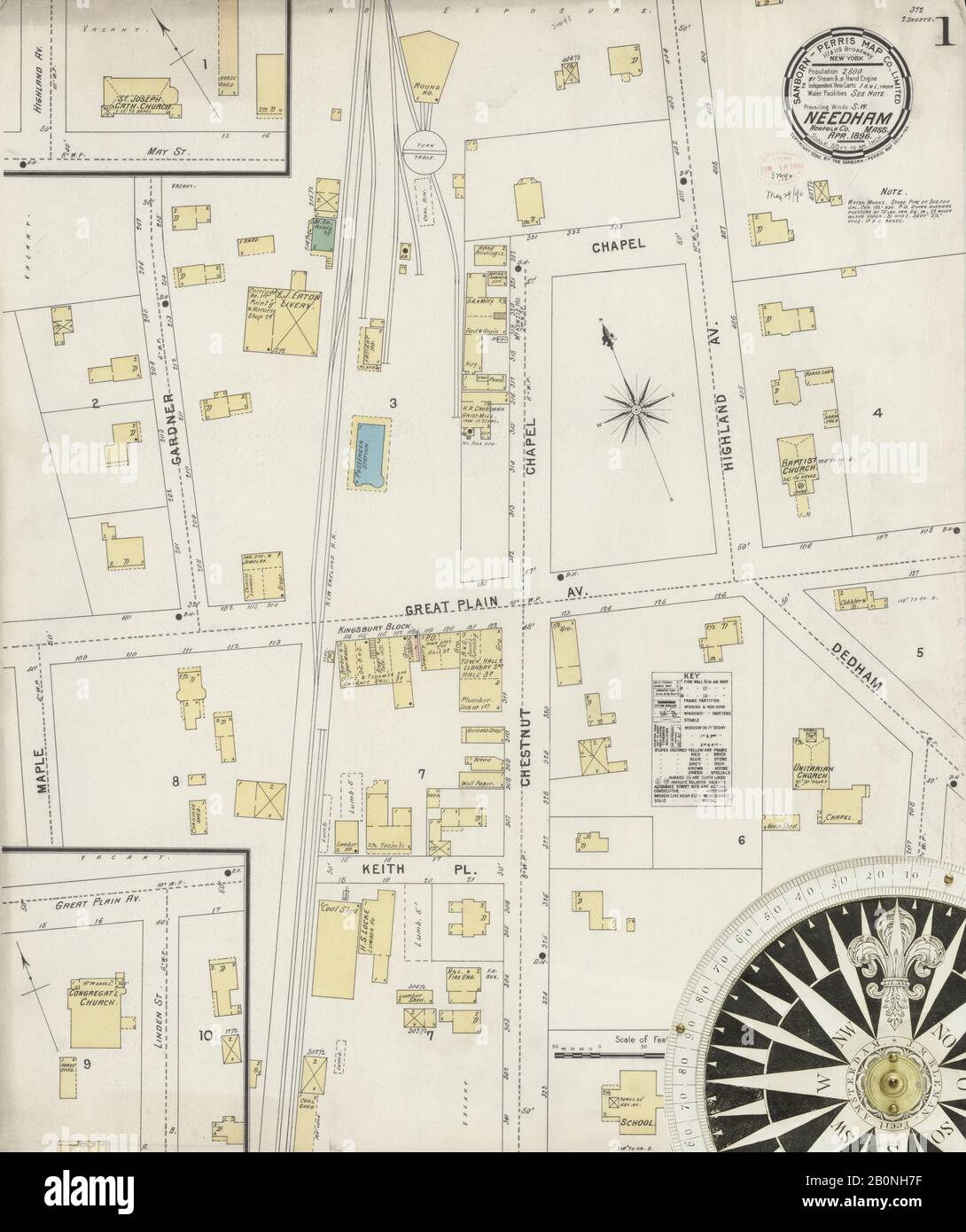 Bild 1 von Sanborn Fire Insurance Map aus Needham, Norfolk County, Massachusetts. Apr. 2 Blatt(e), Amerika, Straßenkarte mit einem Kompass Aus Dem 19. Jahrhundert Stockfoto