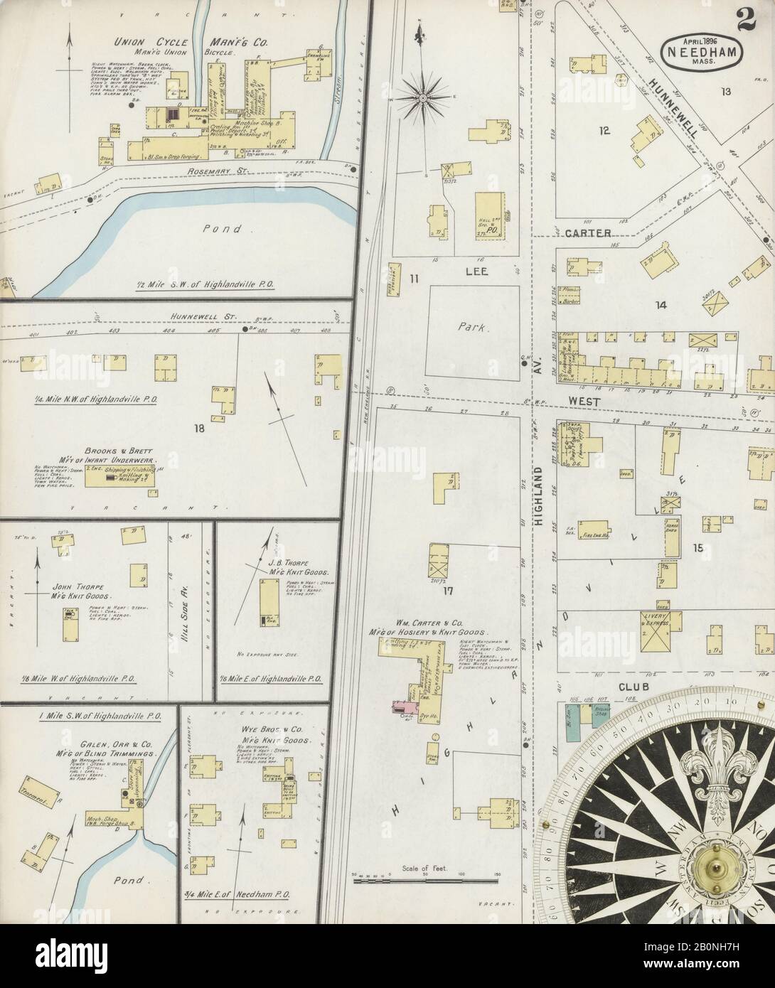 Bild 2 von Sanborn Fire Insurance Map aus Needham, Norfolk County, Massachusetts. Apr. 2 Blatt(e), Amerika, Straßenkarte mit einem Kompass Aus Dem 19. Jahrhundert Stockfoto