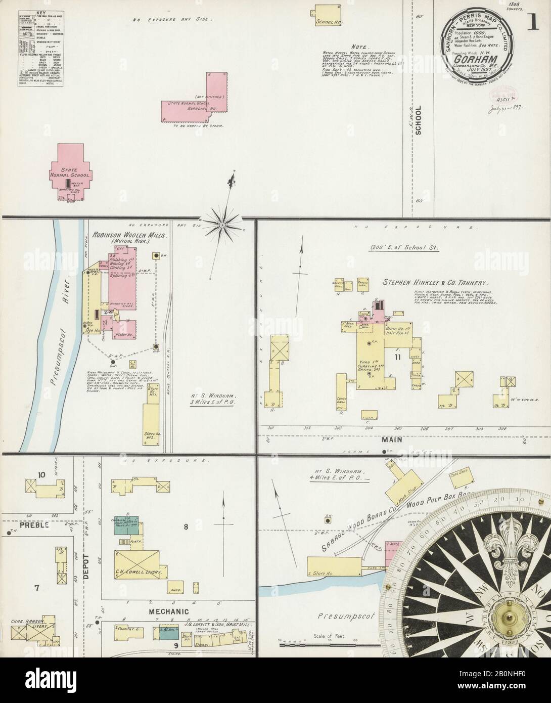 Bild 1 von Sanborn Fire Insurance Map aus Gorham, Cumberland County, Maine. Juli 1897. 2 Blatt(e), Amerika, Straßenkarte mit einem Kompass Aus Dem 19. Jahrhundert Stockfoto