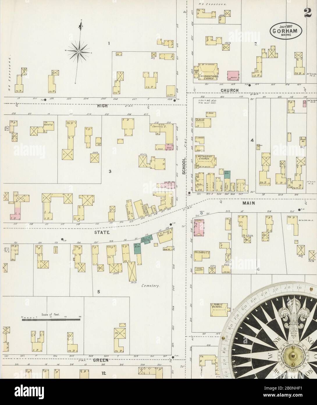 Bild 2 von Sanborn Fire Insurance Map aus Gorham, Cumberland County, Maine. Juli 1897. 2 Blatt(e), Amerika, Straßenkarte mit einem Kompass Aus Dem 19. Jahrhundert Stockfoto