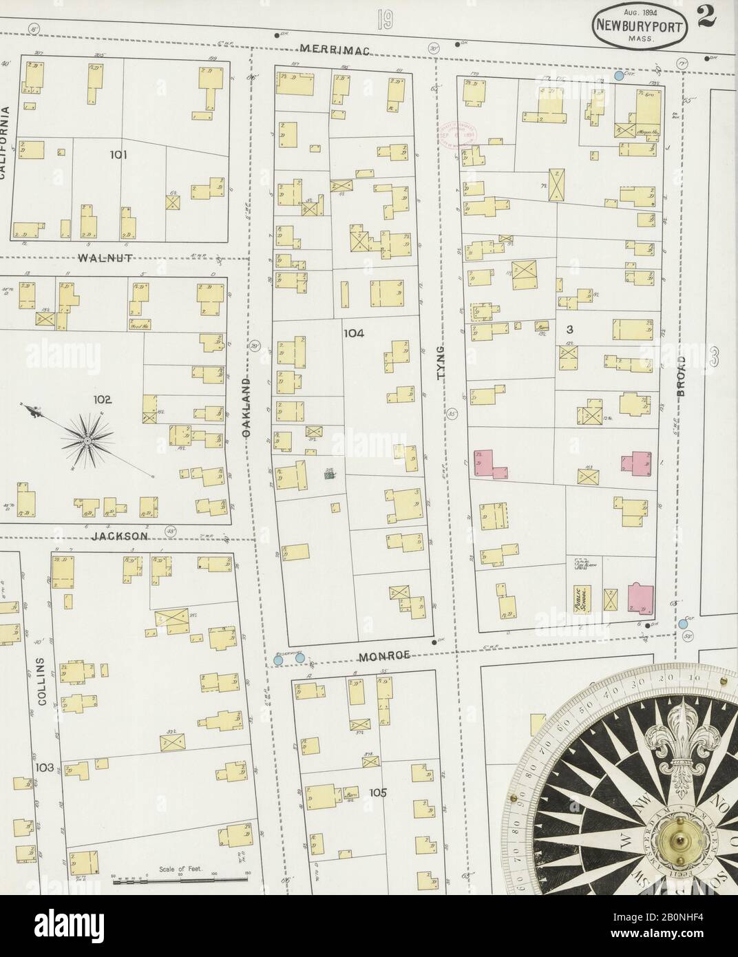 Bild 2 von Sanborn Fire Insurance Map aus Newburyport, Essex County, Massachusetts. August 1894. 20 Blatt(e), Amerika, Straßenkarte mit einem Kompass Aus Dem 19. Jahrhundert Stockfoto