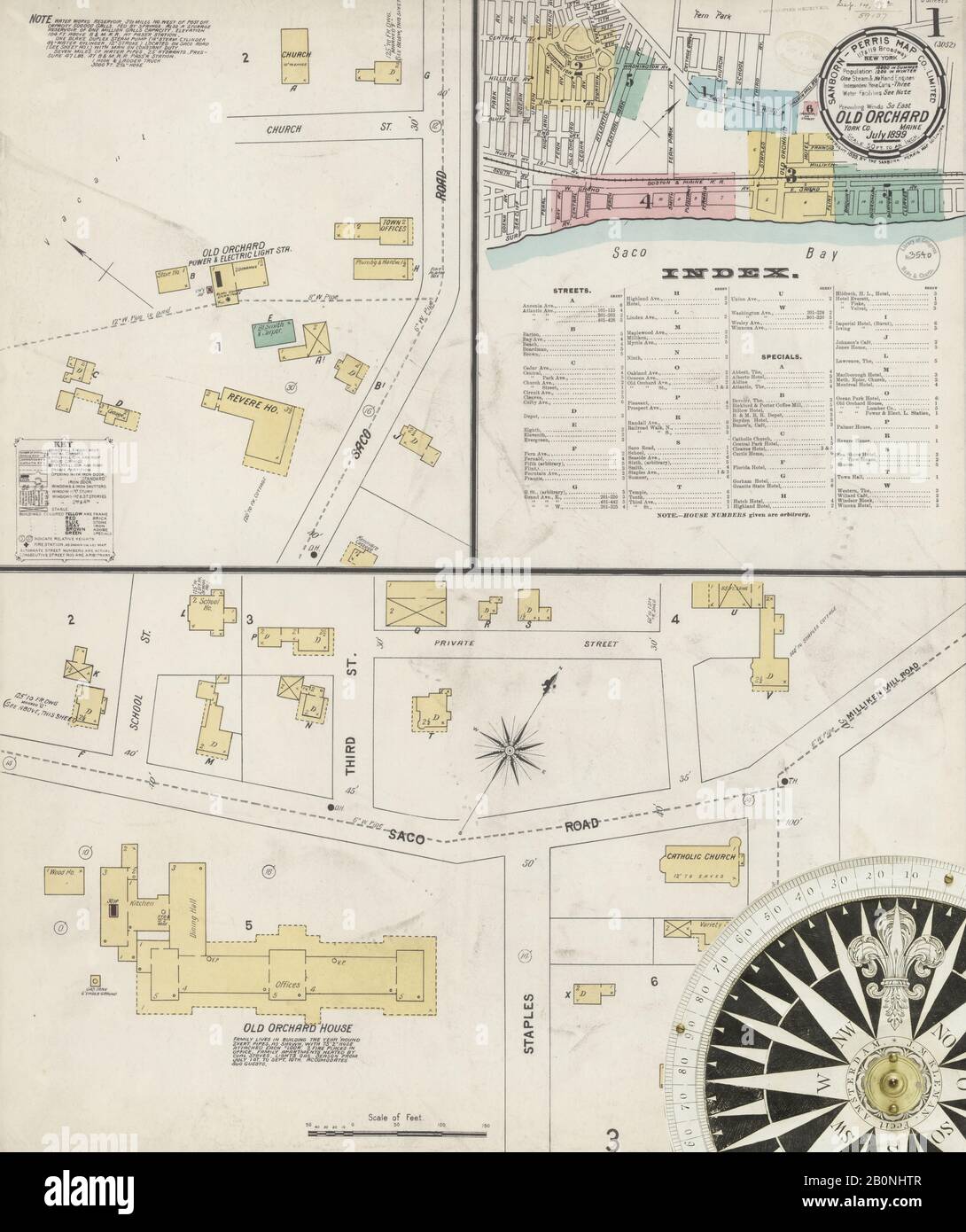 Bild 1 von Sanborn Fire Insurance Map aus Old Orchard, York County, Maine. Juli 1899. 6 Blatt(e), Amerika, Straßenkarte mit einem Kompass Aus Dem 19. Jahrhundert Stockfoto