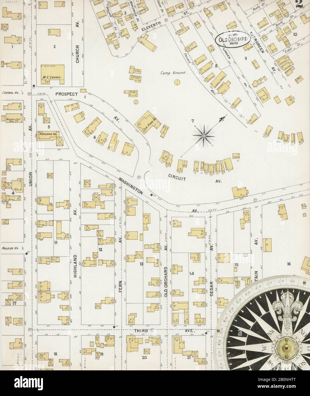 Bild 2 von Sanborn Fire Insurance Map aus Old Orchard, York County, Maine. Juli 1899. 6 Blatt(e), Amerika, Straßenkarte mit einem Kompass Aus Dem 19. Jahrhundert Stockfoto