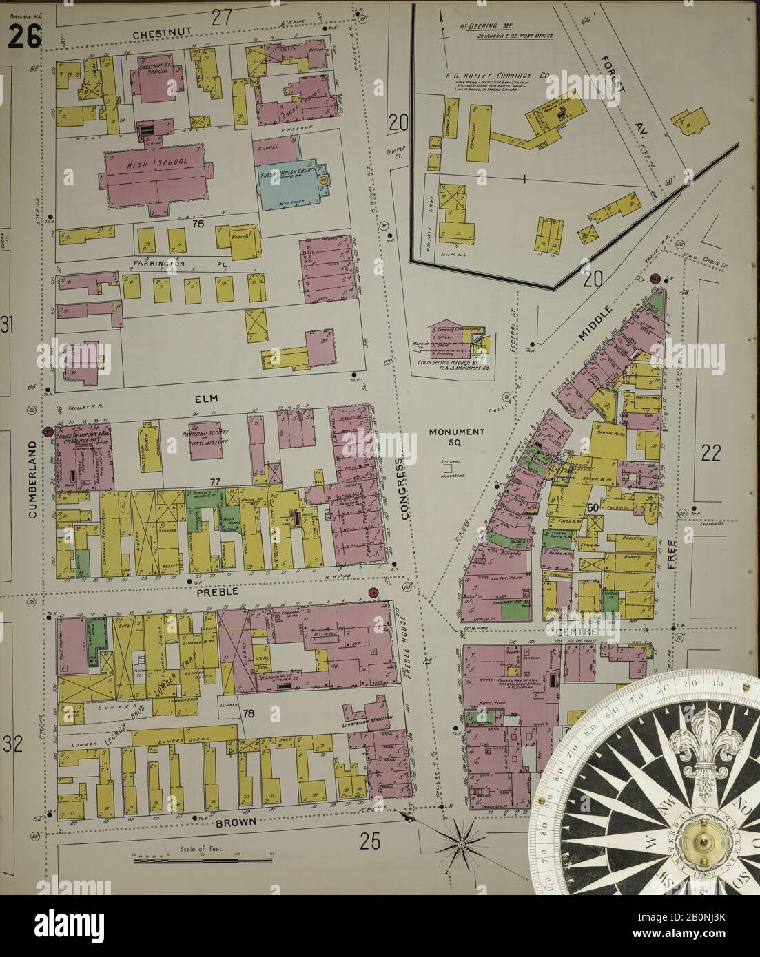 Bild 30 von Sanborn Fire Insurance Map aus Portland, Cumberland County, Maine. Im Jahr 1896. 73 Blatt(e). 4 Skelettblätter. Bound, Amerika, Straßenkarte mit einem Kompass Aus Dem 19. Jahrhundert Stockfoto