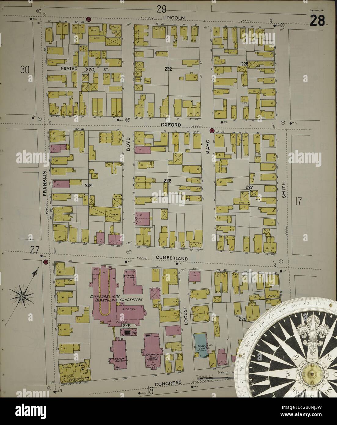 Bild 33 von Sanborn Fire Insurance Map aus Portland, Cumberland County, Maine. Im Jahr 1896. 73 Blatt(e). 4 Skelettblätter. Bound, Amerika, Straßenkarte mit einem Kompass Aus Dem 19. Jahrhundert Stockfoto