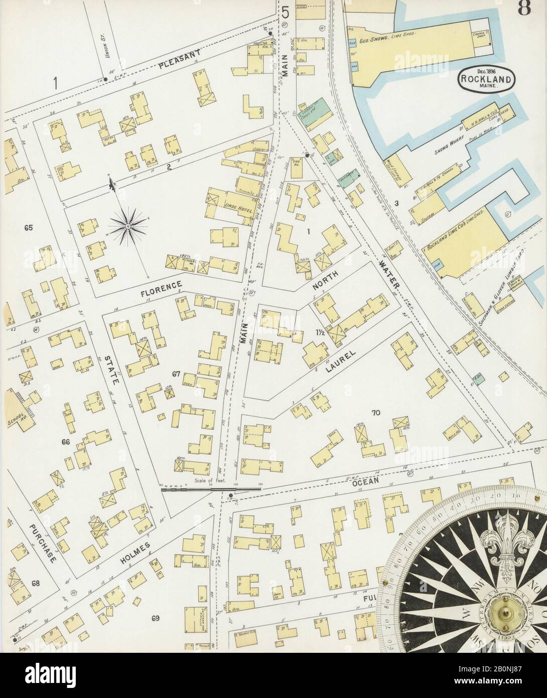 Bild 8 von Sanborn Fire Insurance Map aus Rockland, Knox County, Maine. Dezember 1896. 9 Blatt(e), Amerika, Straßenkarte mit einem Kompass Aus Dem 19. Jahrhundert Stockfoto