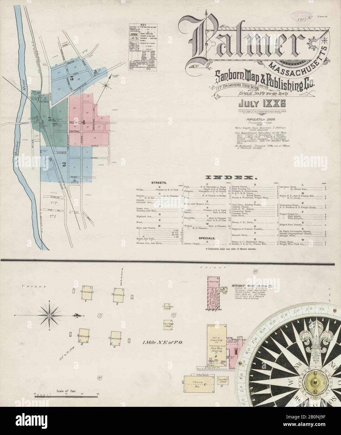 Bild 1 von Sanborn Fire Insurance Map aus Palmer, Hampden County, Massachusetts. Juli 1886. 5 Blatt(e), Amerika, Straßenkarte mit einem Kompass Aus Dem 19. Jahrhundert Stockfoto