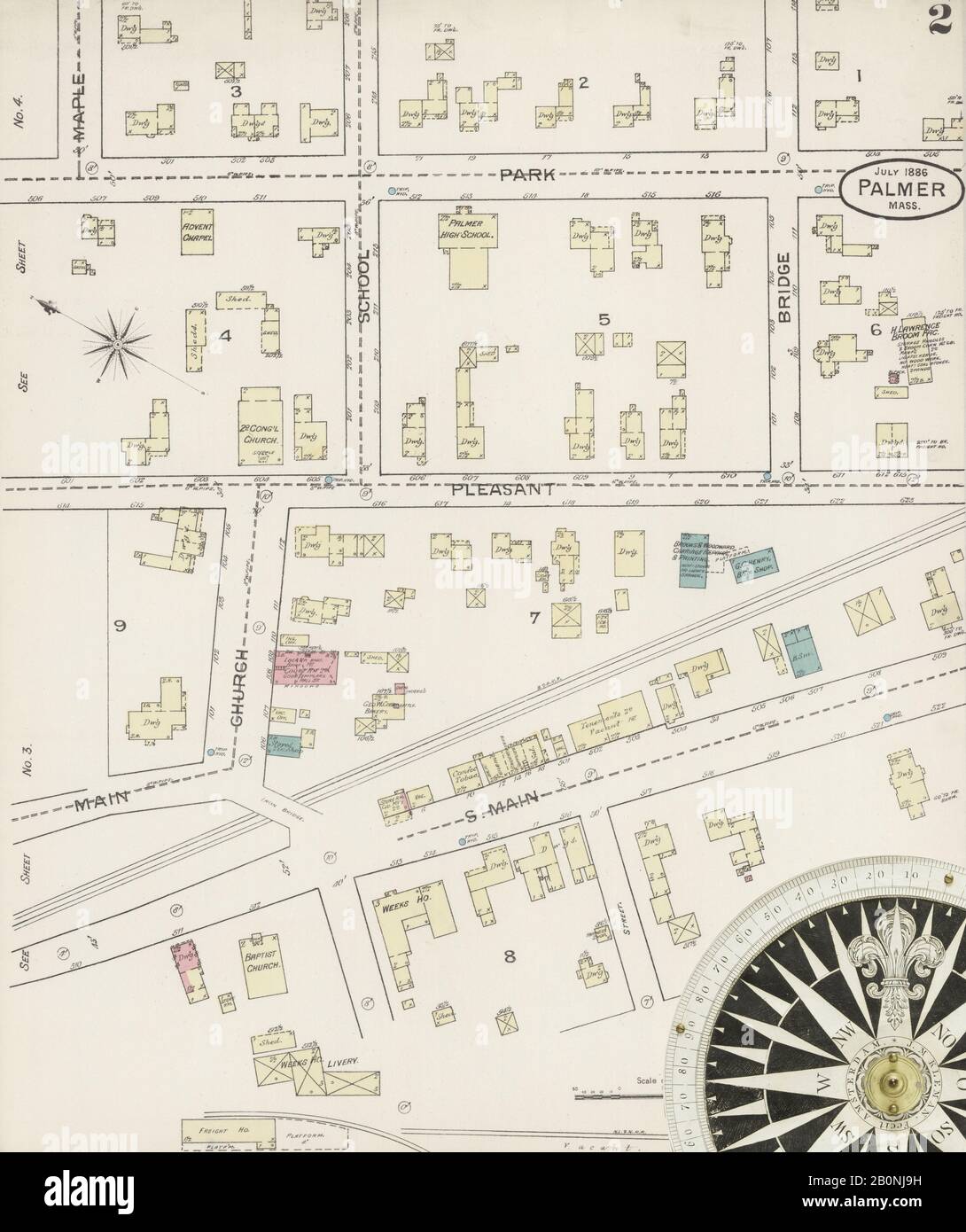 Bild 2 von Sanborn Fire Insurance Map aus Palmer, Hampden County, Massachusetts. Juli 1886. 5 Blatt(e), Amerika, Straßenkarte mit einem Kompass Aus Dem 19. Jahrhundert Stockfoto