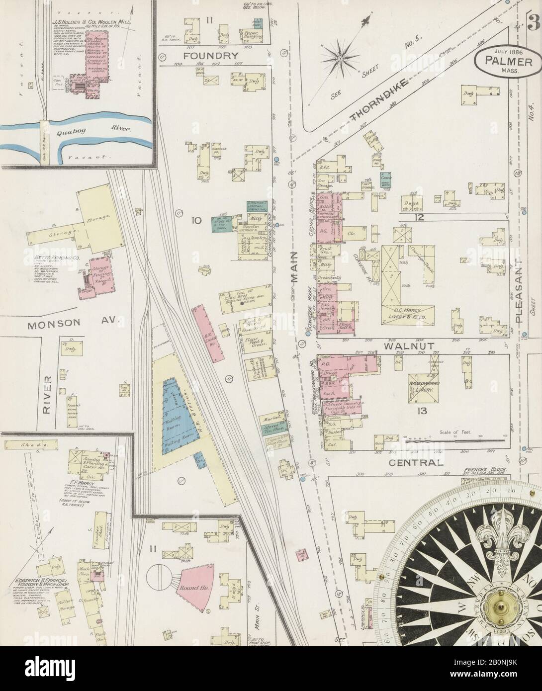 Bild 3 von Sanborn Fire Insurance Map aus Palmer, Hampden County, Massachusetts. Juli 1886. 5 Blatt(e), Amerika, Straßenkarte mit einem Kompass Aus Dem 19. Jahrhundert Stockfoto