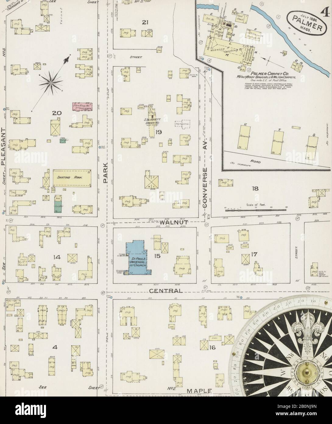 Bild 4 von Sanborn Fire Insurance Map aus Palmer, Hampden County, Massachusetts. Juli 1886. 5 Blatt(e), Amerika, Straßenkarte mit einem Kompass Aus Dem 19. Jahrhundert Stockfoto