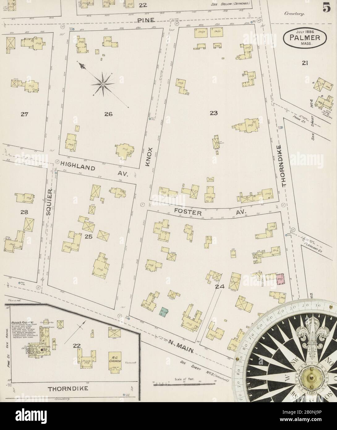 Bild 5 von Sanborn Fire Insurance Map aus Palmer, Hampden County, Massachusetts. Juli 1886. 5 Blatt(e), Amerika, Straßenkarte mit einem Kompass Aus Dem 19. Jahrhundert Stockfoto
