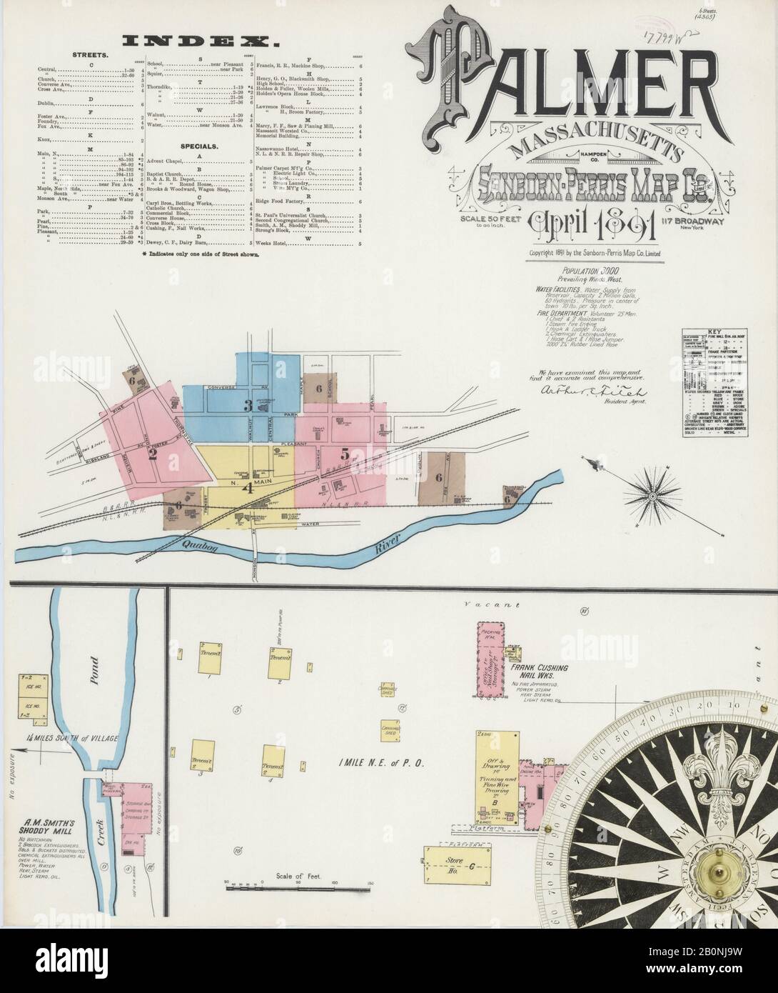 Bild 1 von Sanborn Fire Insurance Map aus Palmer, Hampden County, Massachusetts. Apr. 6 Blatt(e), Amerika, Straßenkarte mit einem Kompass Aus Dem 19. Jahrhundert Stockfoto