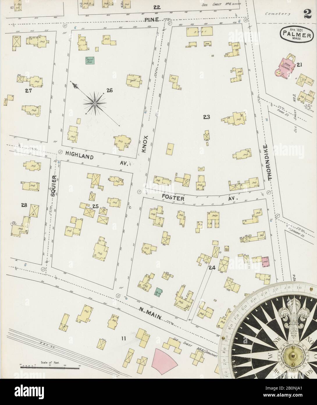 Bild 2 von Sanborn Fire Insurance Map aus Palmer, Hampden County, Massachusetts. Apr. 6 Blatt(e), Amerika, Straßenkarte mit einem Kompass Aus Dem 19. Jahrhundert Stockfoto