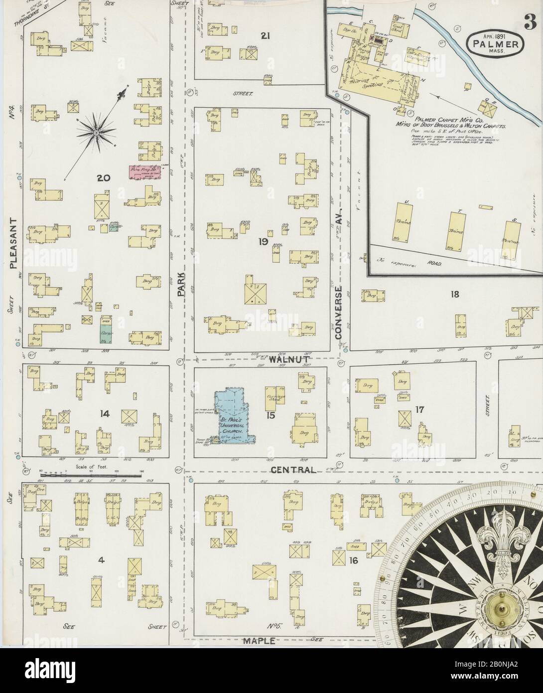 Bild 3 von Sanborn Fire Insurance Map aus Palmer, Hampden County, Massachusetts. Apr. 6 Blatt(e), Amerika, Straßenkarte mit einem Kompass Aus Dem 19. Jahrhundert Stockfoto