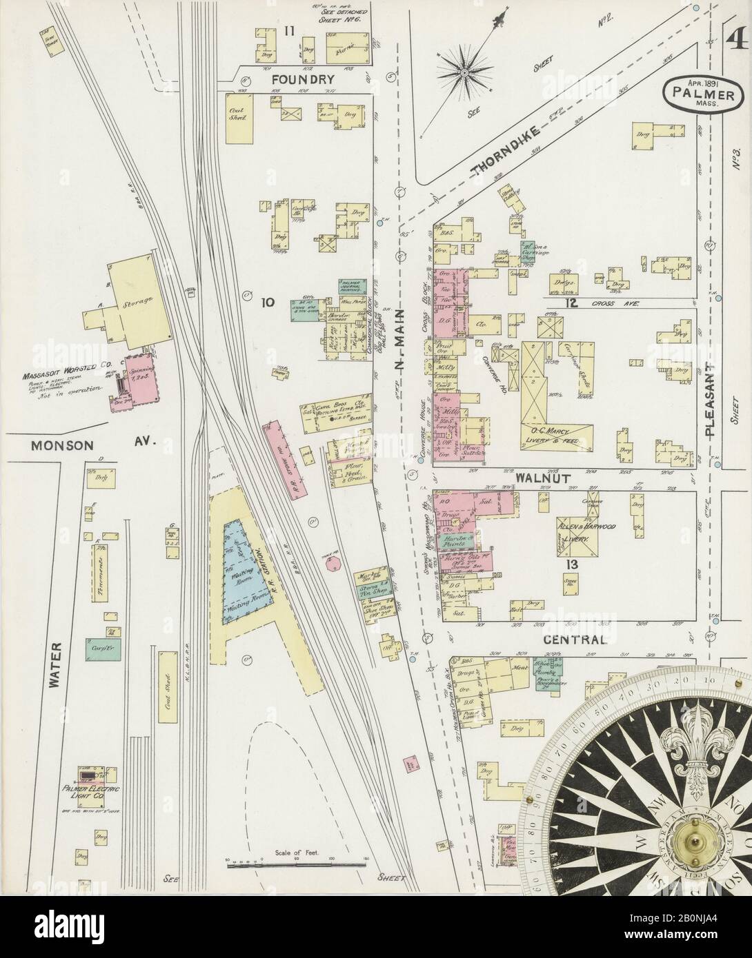 Bild 4 von Sanborn Fire Insurance Map aus Palmer, Hampden County, Massachusetts. Apr. 6 Blatt(e), Amerika, Straßenkarte mit einem Kompass Aus Dem 19. Jahrhundert Stockfoto