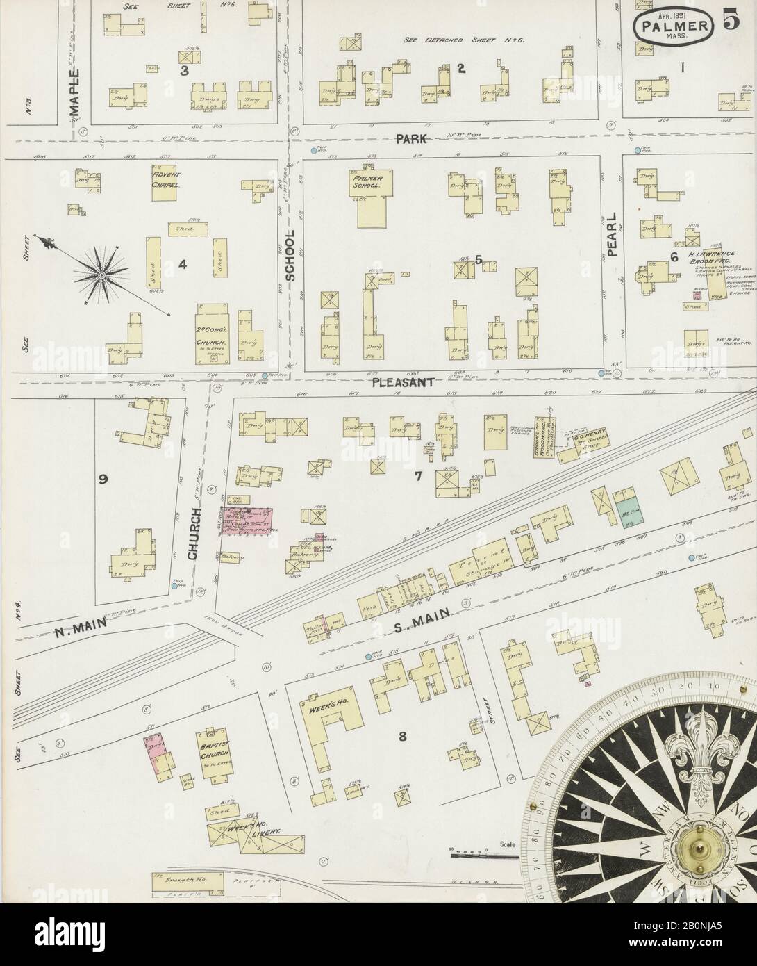 Bild 5 von Sanborn Fire Insurance Map aus Palmer, Hampden County, Massachusetts. Apr. 6 Blatt(e), Amerika, Straßenkarte mit einem Kompass Aus Dem 19. Jahrhundert Stockfoto