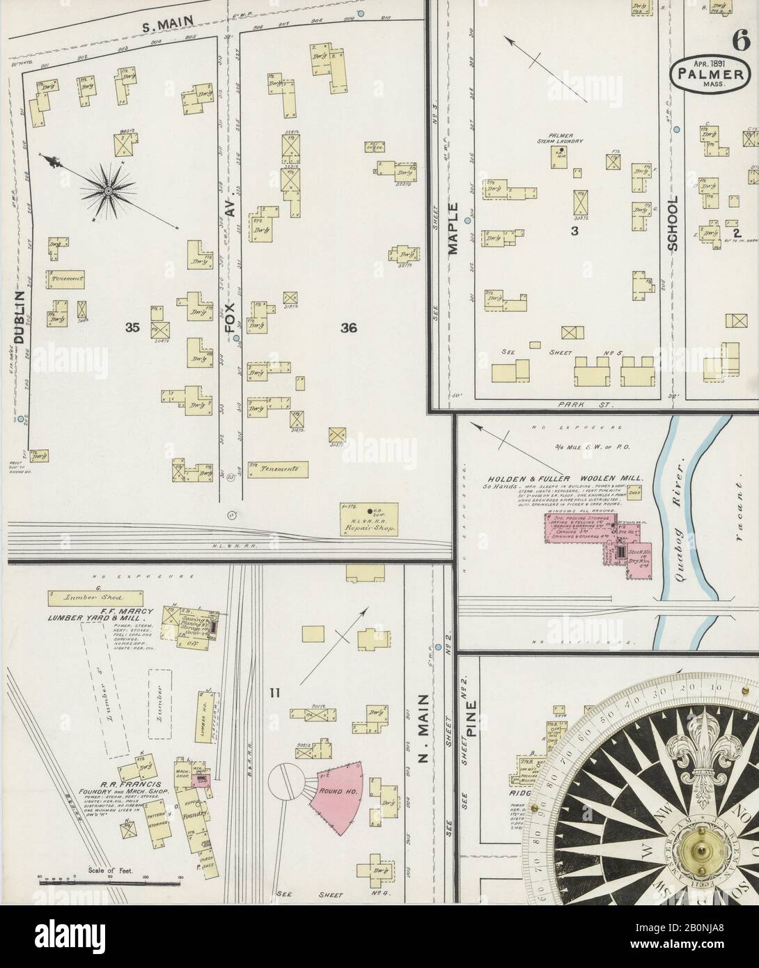 Bild 6 von Sanborn Fire Insurance Map aus Palmer, Hampden County, Massachusetts. Apr. 6 Blatt(e), Amerika, Straßenkarte mit einem Kompass Aus Dem 19. Jahrhundert Stockfoto