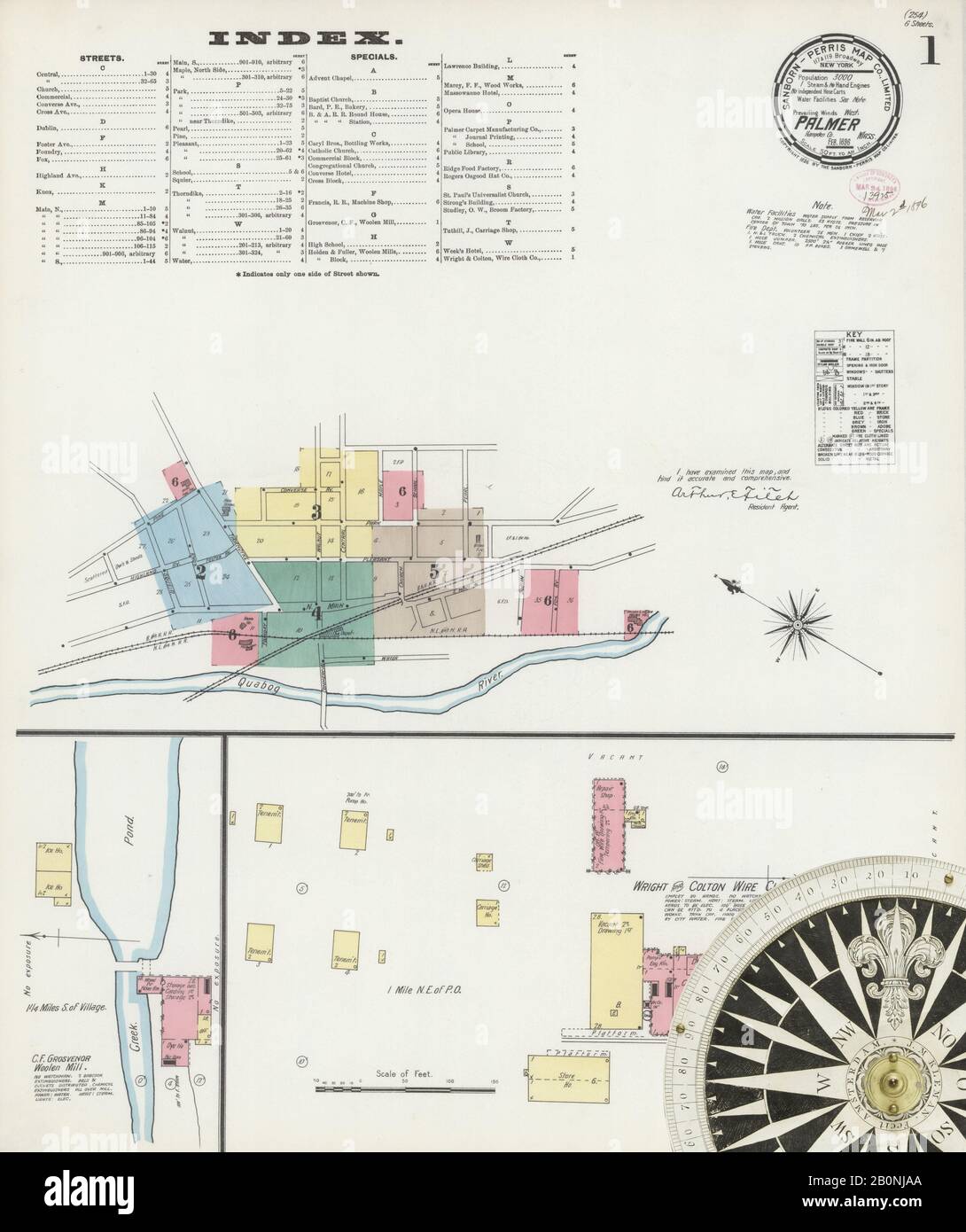 Bild 1 von Sanborn Fire Insurance Map aus Palmer, Hampden County, Massachusetts. Feb. 6 Blatt(e), Amerika, Straßenkarte mit einem Kompass Aus Dem 19. Jahrhundert Stockfoto