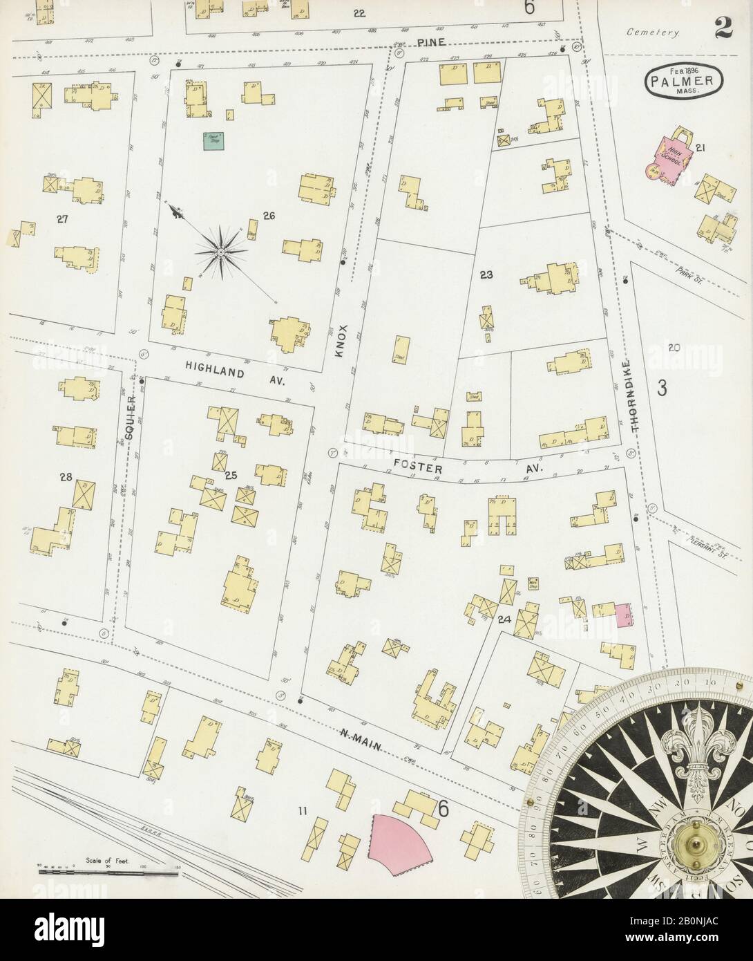Bild 2 von Sanborn Fire Insurance Map aus Palmer, Hampden County, Massachusetts. Feb. 6 Blatt(e), Amerika, Straßenkarte mit einem Kompass Aus Dem 19. Jahrhundert Stockfoto