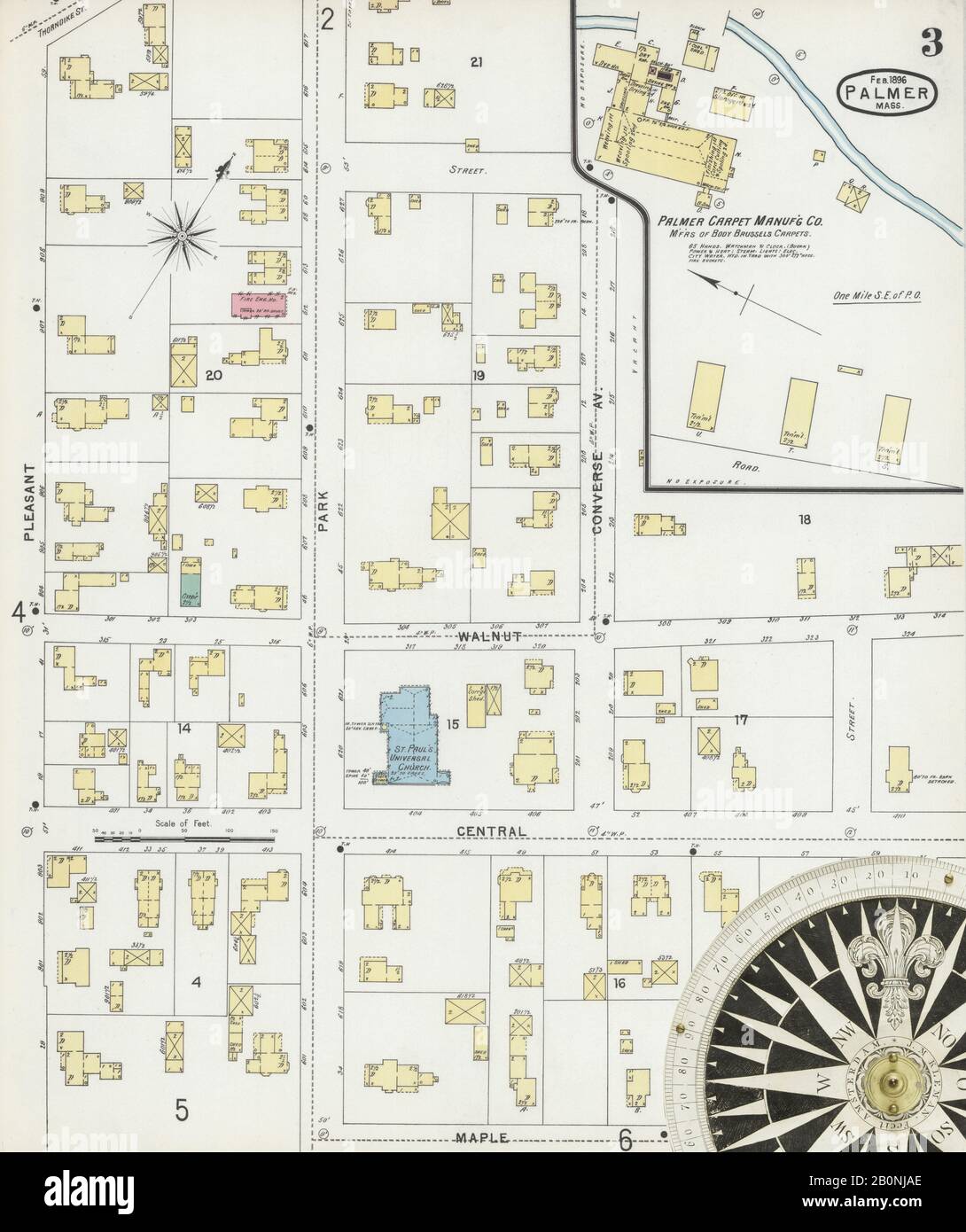 Bild 3 von Sanborn Fire Insurance Map aus Palmer, Hampden County, Massachusetts. Feb. 6 Blatt(e), Amerika, Straßenkarte mit einem Kompass Aus Dem 19. Jahrhundert Stockfoto