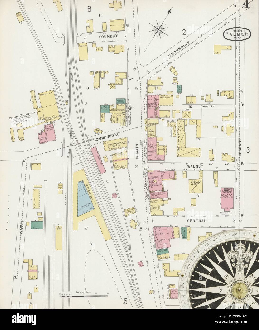 Bild 4 von Sanborn Fire Insurance Map aus Palmer, Hampden County, Massachusetts. Feb. 6 Blatt(e), Amerika, Straßenkarte mit einem Kompass Aus Dem 19. Jahrhundert Stockfoto