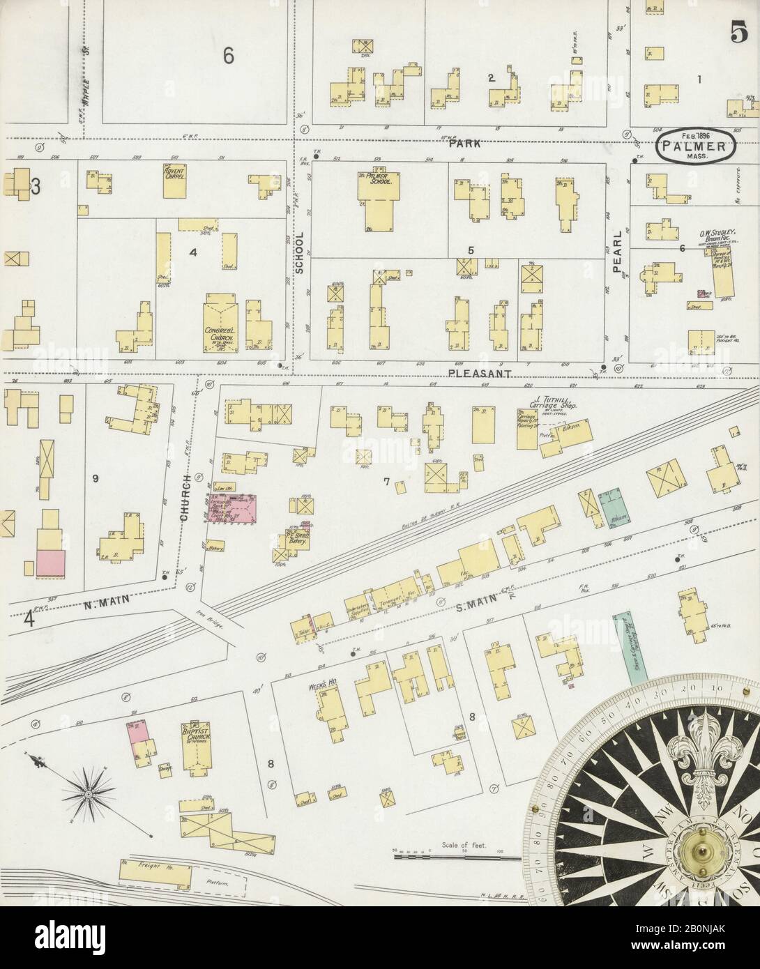 Bild 5 von Sanborn Fire Insurance Map aus Palmer, Hampden County, Massachusetts. Feb. 6 Blatt(e), Amerika, Straßenkarte mit einem Kompass Aus Dem 19. Jahrhundert Stockfoto