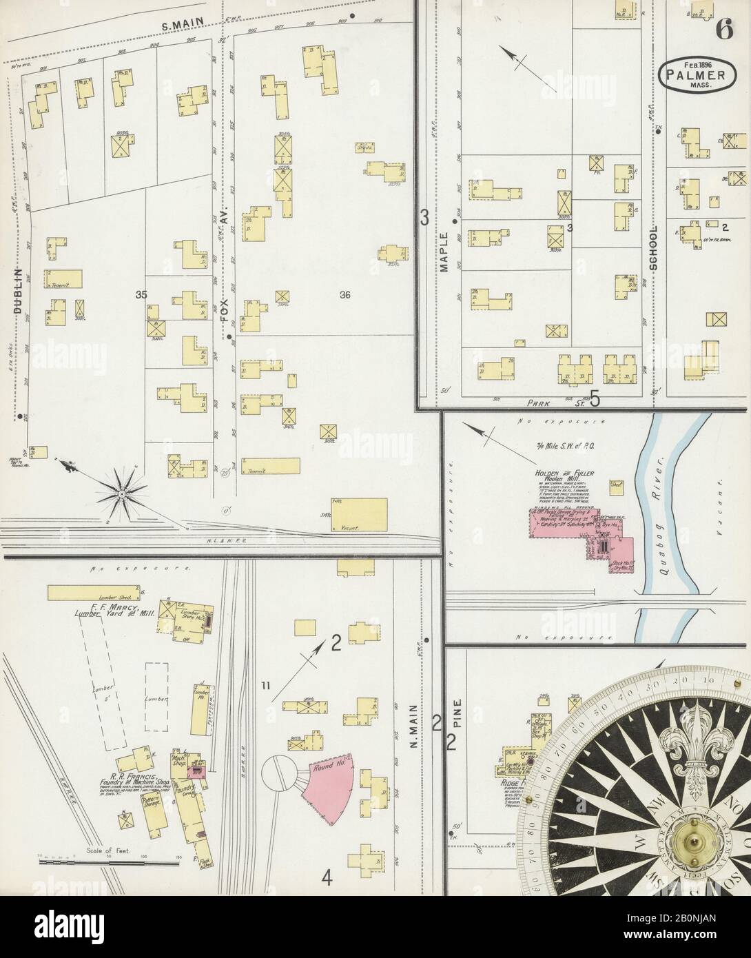 Bild 6 von Sanborn Fire Insurance Map aus Palmer, Hampden County, Massachusetts. Feb. 6 Blatt(e), Amerika, Straßenkarte mit einem Kompass Aus Dem 19. Jahrhundert Stockfoto
