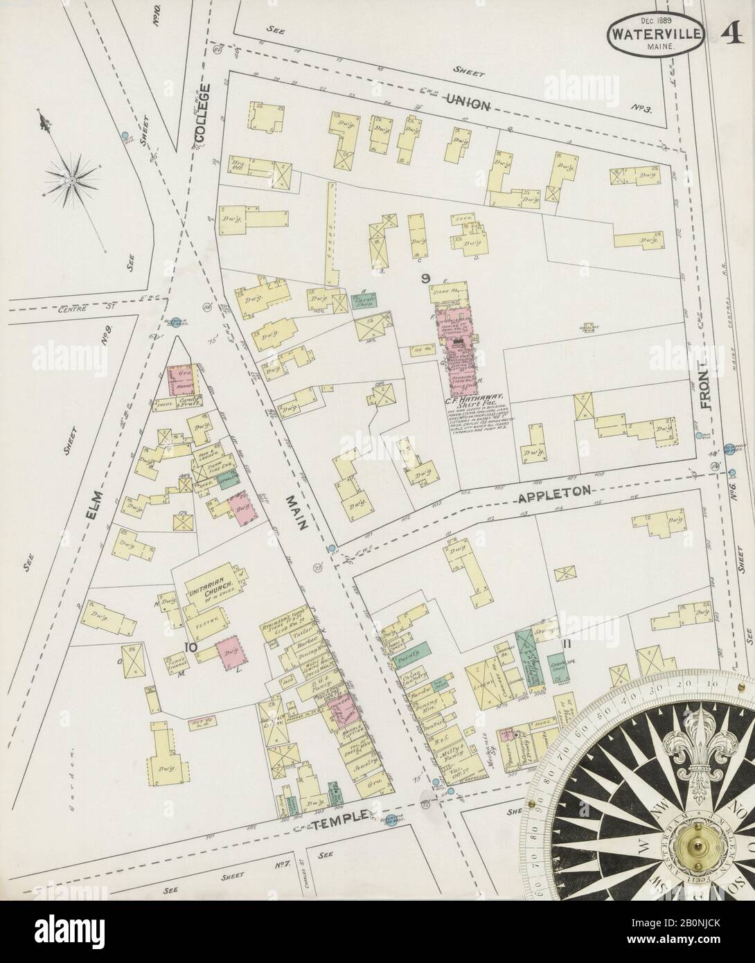 Bild 4 von Sanborn Fire Insurance Map aus Waterville, Kennebec County, Maine. Dez. 13 Blatt(e), Amerika, Straßenkarte mit einem Kompass Aus Dem 19. Jahrhundert Stockfoto