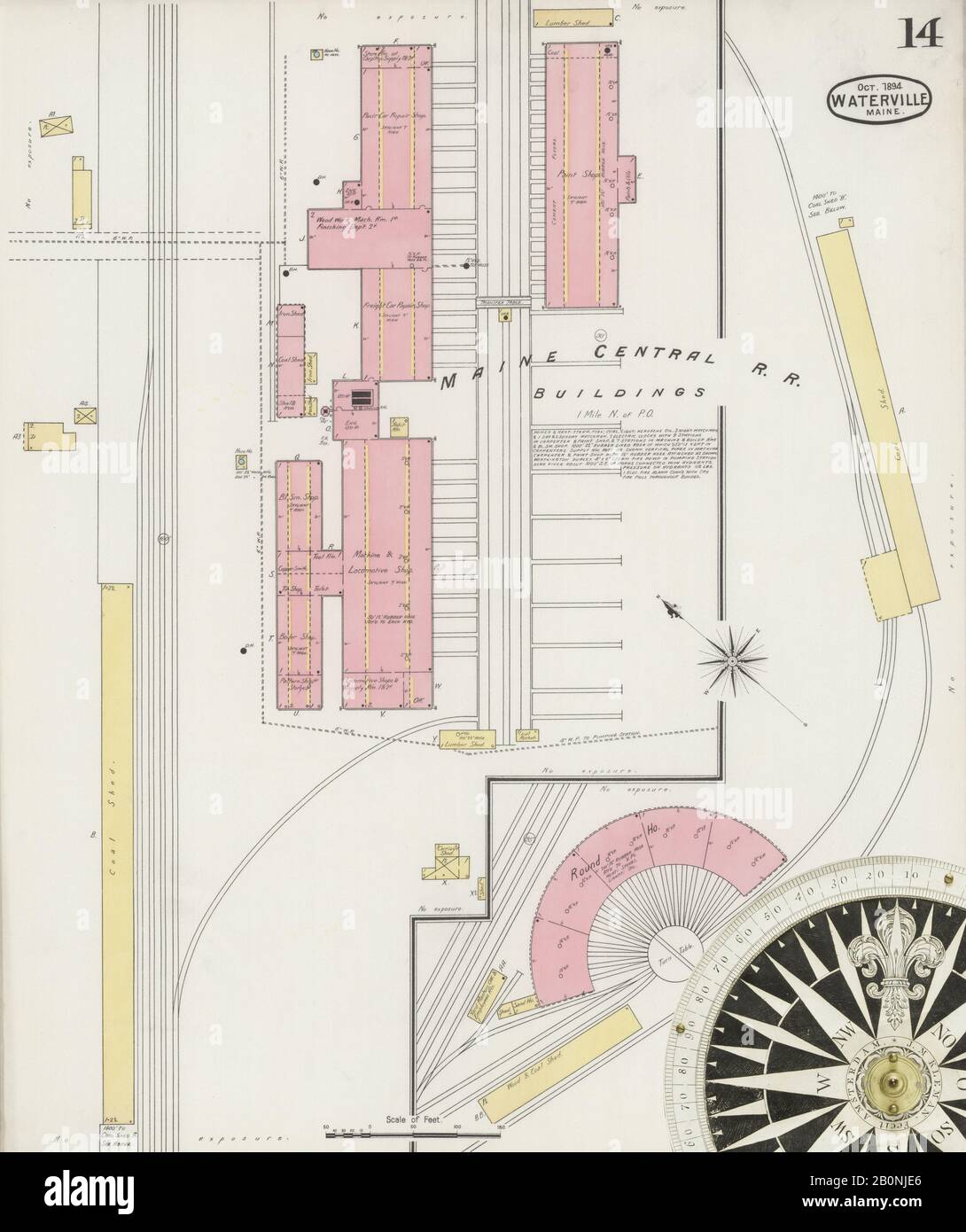 Bild 14 von Sanborn Fire Insurance Map aus Waterville, Kennebec County, Maine. Okt 1894. 15 Blatt(e), Amerika, Straßenkarte mit einem Kompass Aus Dem 19. Jahrhundert Stockfoto