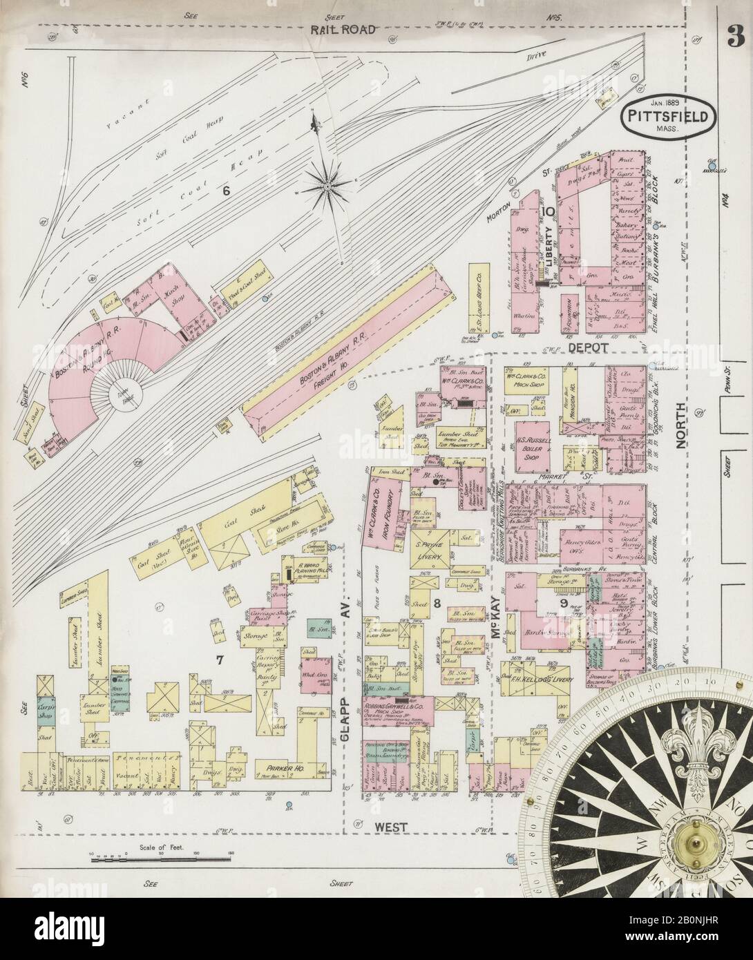 Bild 3 von Sanborn Fire Insurance Map aus Pittsfield, Berkshire County, Massachusetts. Feb. 18 Blatt(e), Amerika, Straßenkarte mit einem Kompass Aus Dem 19. Jahrhundert Stockfoto