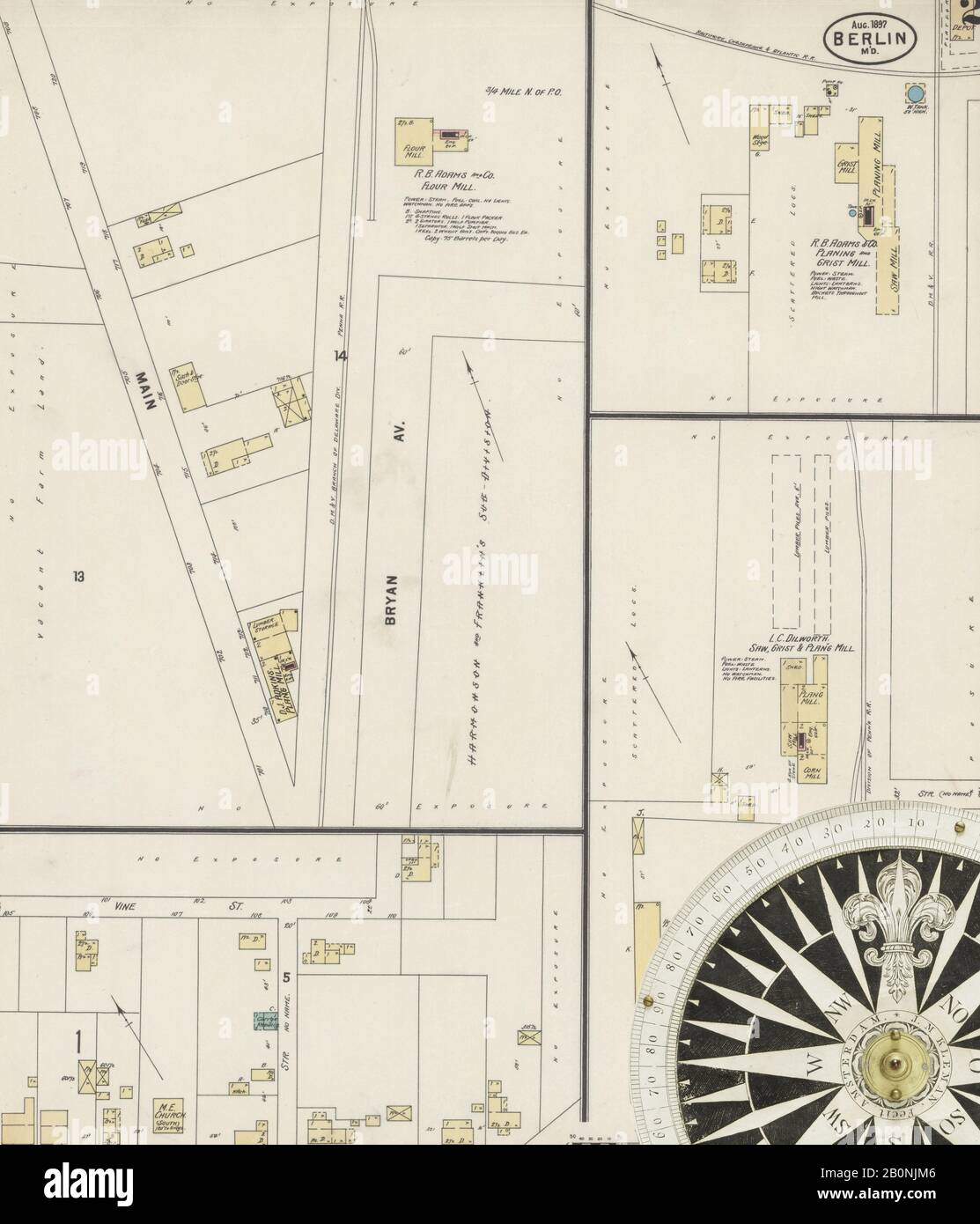 Bild 2 von Sanborn Fire Insurance Map aus Berlin, Worcester County, Maryland. August 1897. 2 Blatt(e), Amerika, Straßenkarte mit einem Kompass Aus Dem 19. Jahrhundert Stockfoto