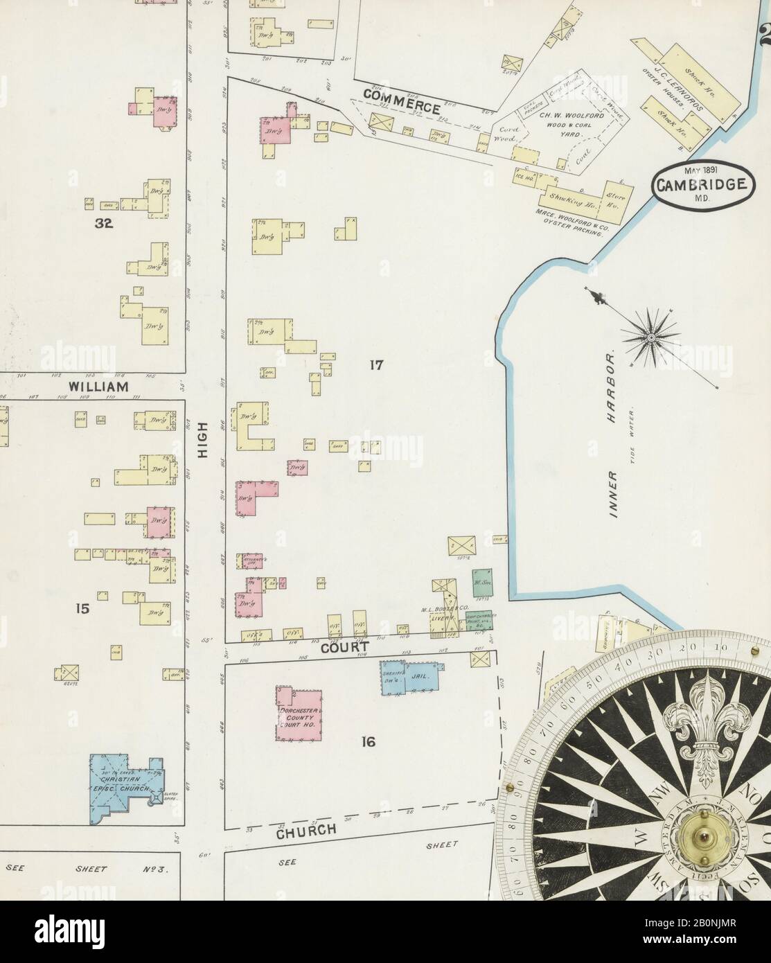 Bild 2 von Sanborn Fire Insurance Map aus Cambridge, Dorchester County, Maryland. Mai 1891. 7 Blatt(e), Amerika, Straßenkarte mit einem Kompass Aus Dem 19. Jahrhundert Stockfoto