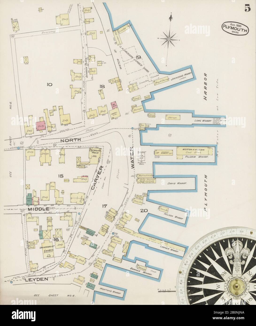 Bild 5 von Sanborn Fire Insurance Map aus Plymouth, Plymouth County, Massachusetts. August 1885. 8 Blatt(e), Amerika, Straßenkarte mit einem Kompass Aus Dem 19. Jahrhundert Stockfoto