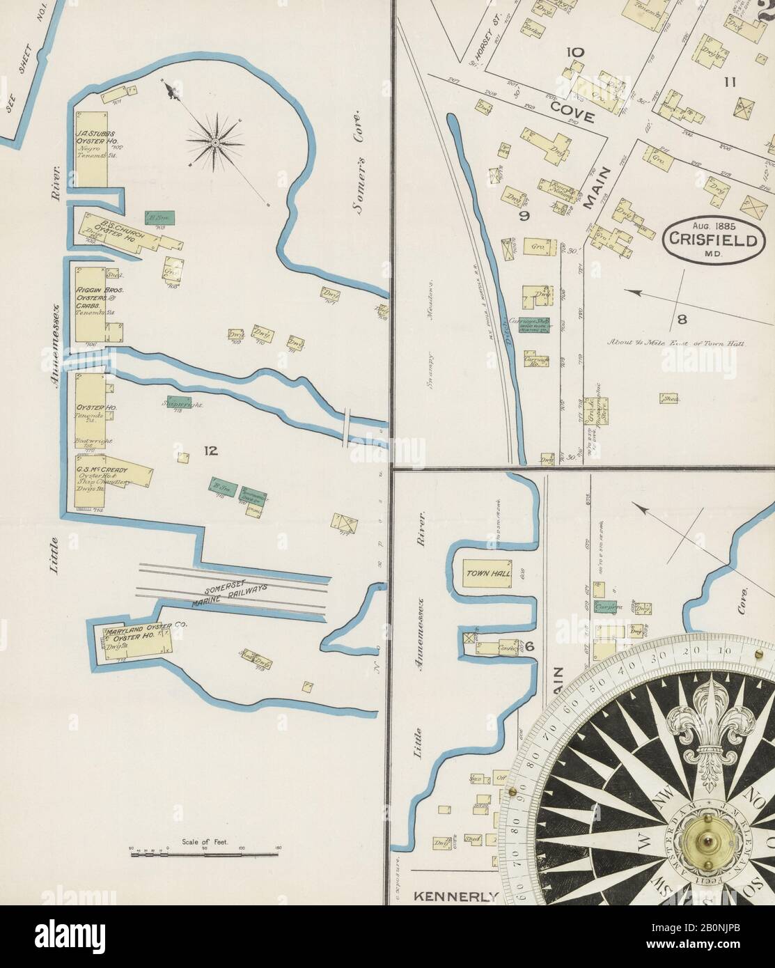 Bild 2 von Sanborn Fire Insurance Map aus Crisfield, Somerset County, Maryland. August 1885. 2 Blatt(e), Amerika, Straßenkarte mit einem Kompass Aus Dem 19. Jahrhundert Stockfoto