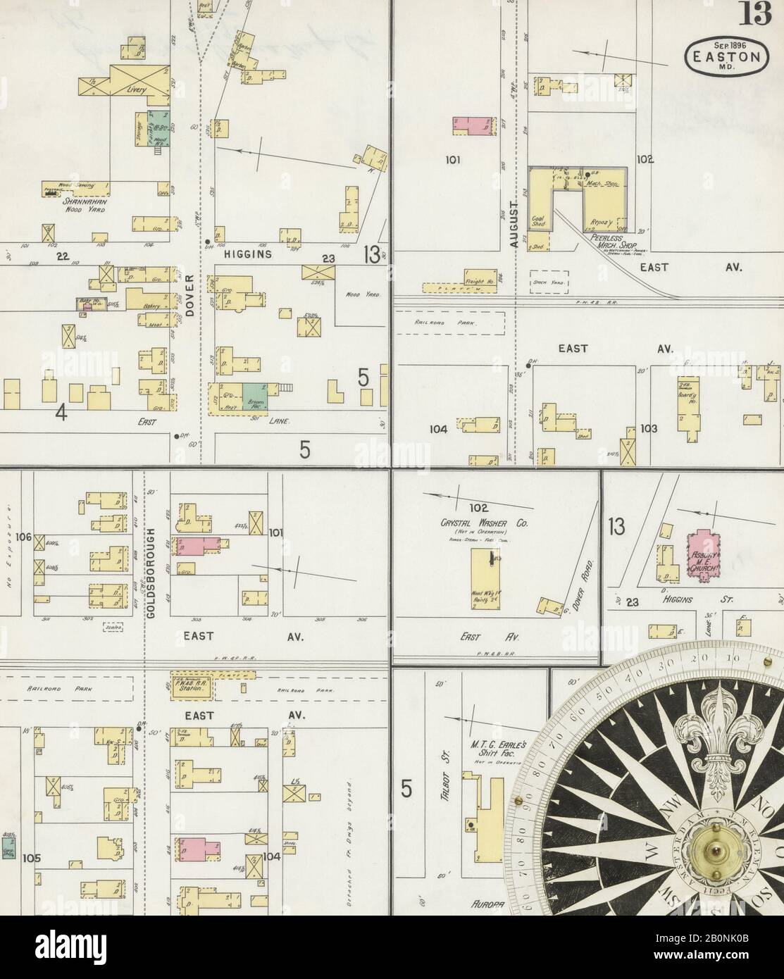 Bild 13 von Sanborn Fire Insurance Map aus Easton, Talbot County, Maryland. Sep. 13 Blatt(e). Umfasst Saint Michaels, Oxford, Trappe, Amerika, Straßenkarte mit einem Kompass Aus Dem 19. Jahrhundert Stockfoto
