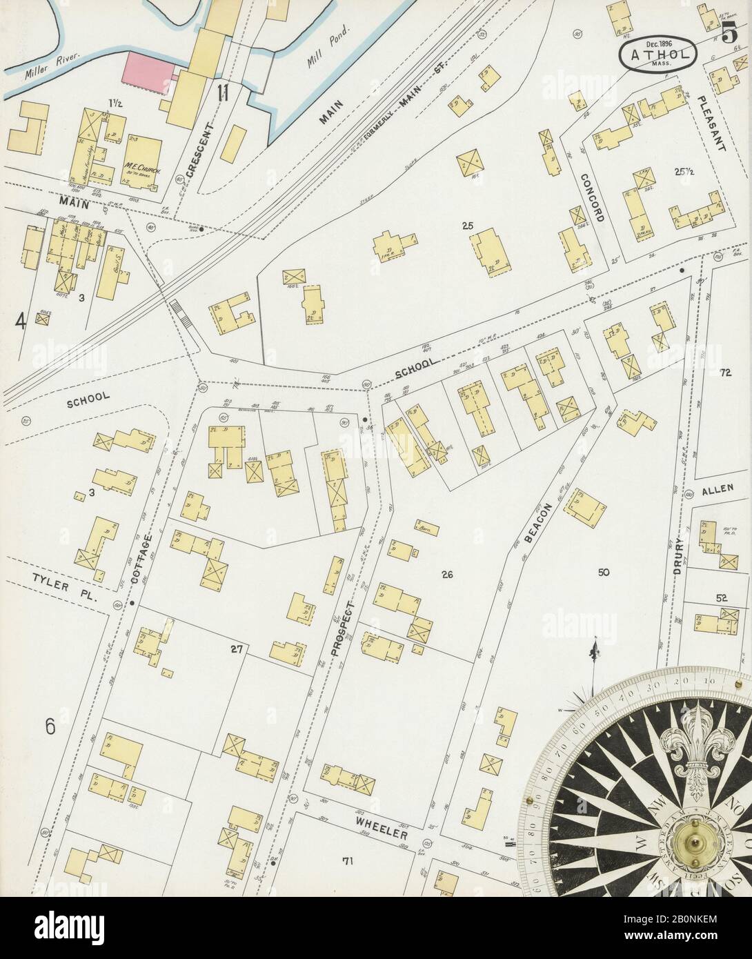 Bild 5 von Sanborn Fire Insurance Map aus Athol, Worcester County, Massachusetts. Dezember 1896. 12 Blatt(e), Amerika, Straßenkarte mit einem Kompass Aus Dem 19. Jahrhundert Stockfoto