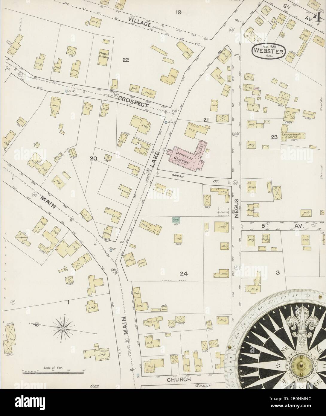 Bild 4 von Sanborn Fire Insurance Map aus Webster, Worcester County, Massachusetts. Februar 1888. 5 Blatt(e), Amerika, Straßenkarte mit einem Kompass Aus Dem 19. Jahrhundert Stockfoto
