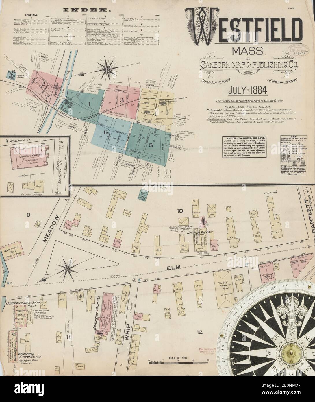 Bild 1 von Sanborn Fire Insurance Map aus Westfield, Hampden County, Massachusetts. Jul. 6 Blatt(e), Amerika, Straßenkarte mit einem Kompass Aus Dem 19. Jahrhundert Stockfoto