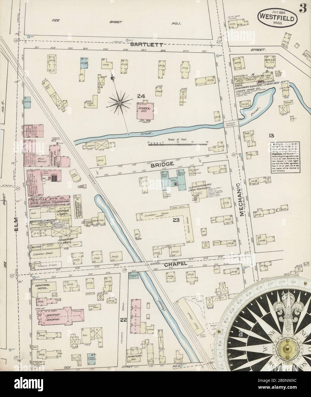 Bild 3 von Sanborn Fire Insurance Map aus Westfield, Hampden County, Massachusetts. Jul. 6 Blatt(e), Amerika, Straßenkarte mit einem Kompass Aus Dem 19. Jahrhundert Stockfoto