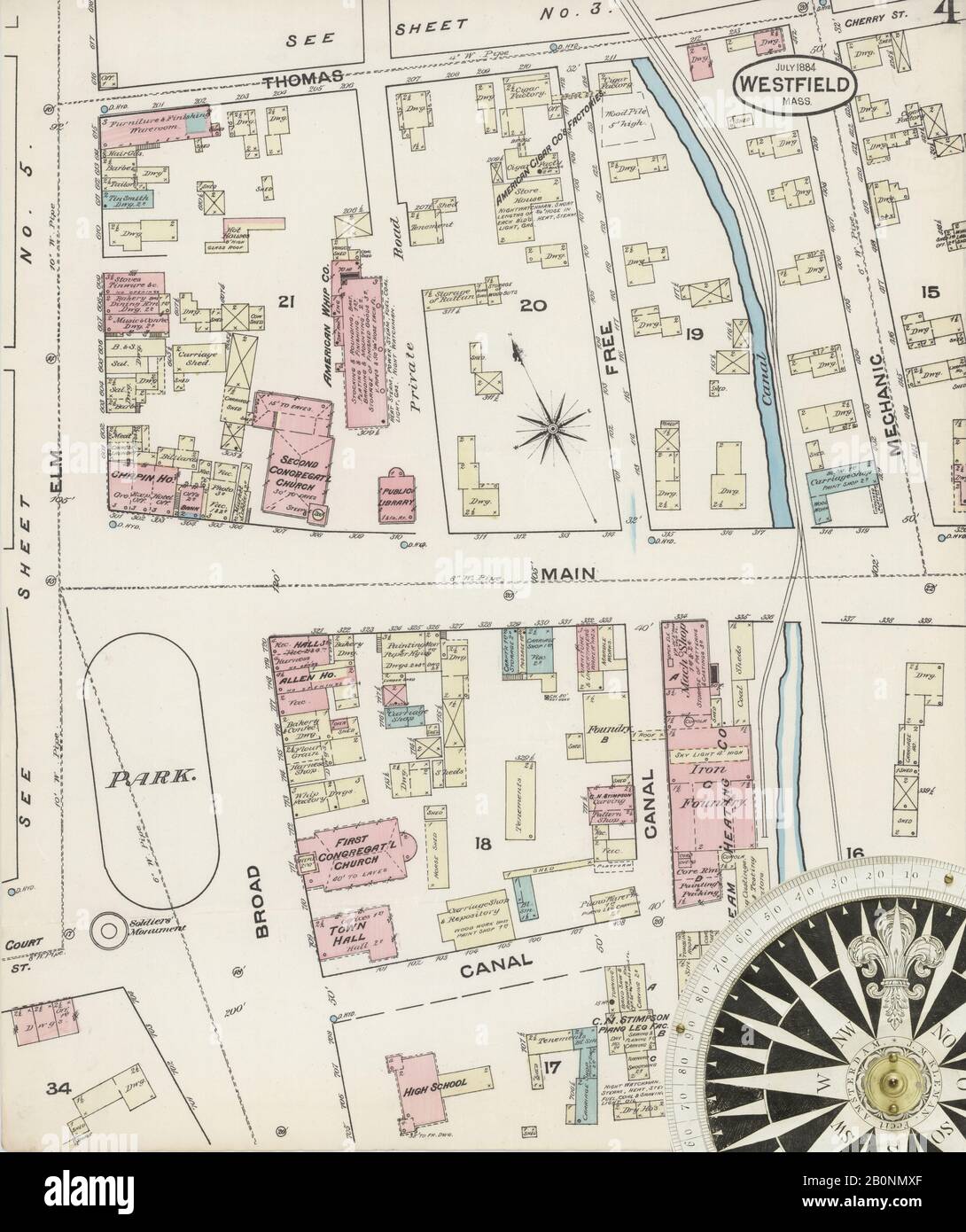 Bild 4 von Sanborn Fire Insurance Map aus Westfield, Hampden County, Massachusetts. Jul. 6 Blatt(e), Amerika, Straßenkarte mit einem Kompass Aus Dem 19. Jahrhundert Stockfoto
