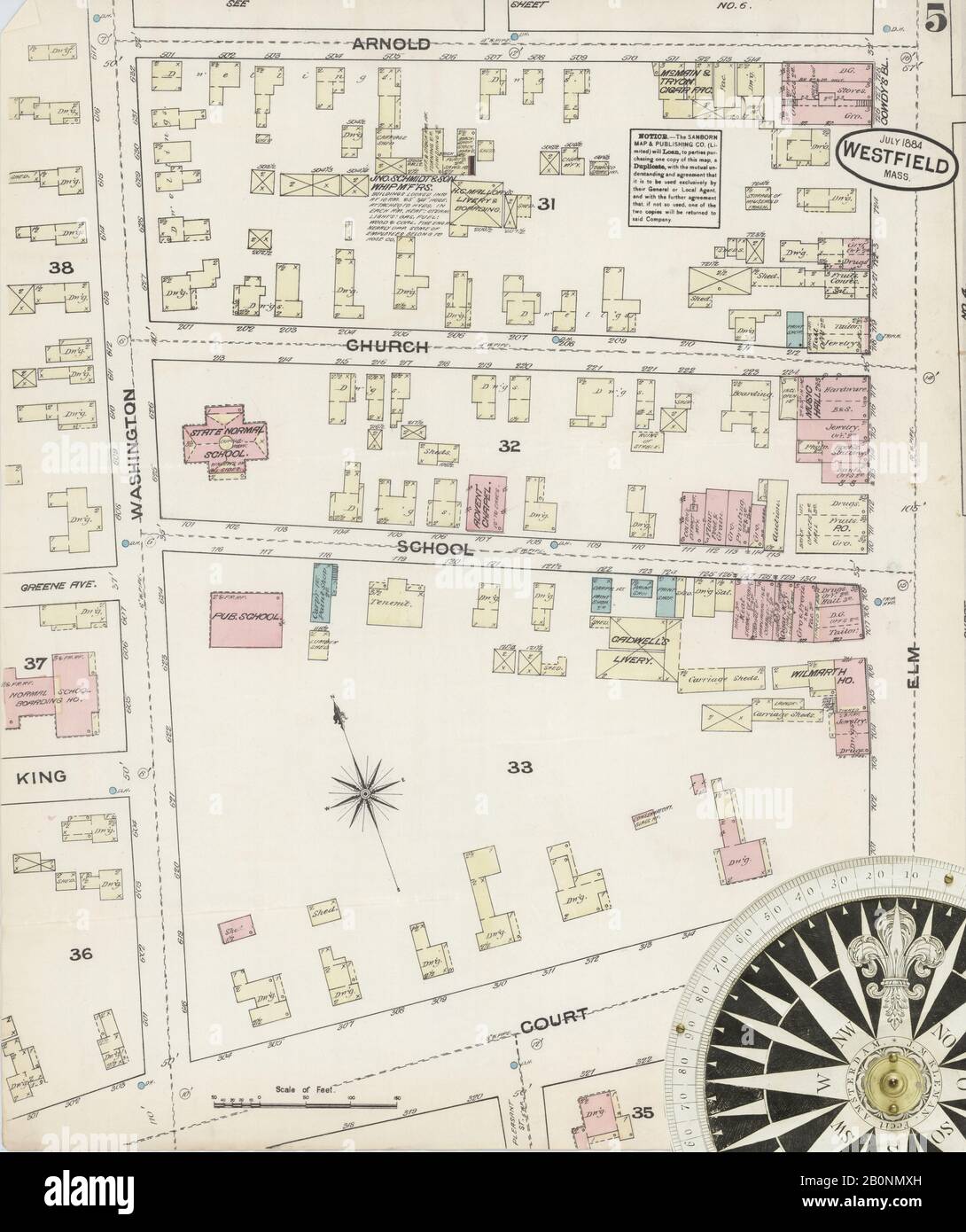 Bild 5 von Sanborn Fire Insurance Map aus Westfield, Hampden County, Massachusetts. Jul. 6 Blatt(e), Amerika, Straßenkarte mit einem Kompass Aus Dem 19. Jahrhundert Stockfoto