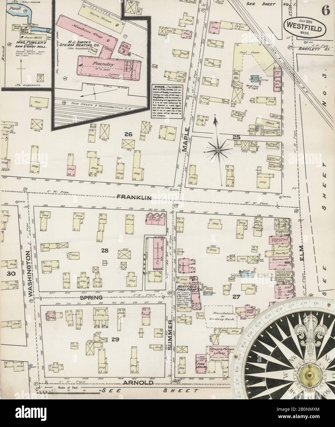 Bild 6 von Sanborn Fire Insurance Map aus Westfield, Hampden County, Massachusetts. Jul. 6 Blatt(e), Amerika, Straßenkarte mit einem Kompass Aus Dem 19. Jahrhundert Stockfoto