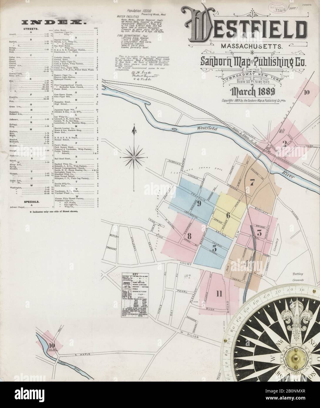 Bild 1 von Sanborn Fire Insurance Map aus Westfield, Hampden County, Massachusetts. März 1889. 11 Blatt(e), Amerika, Straßenkarte mit einem Kompass Aus Dem 19. Jahrhundert Stockfoto