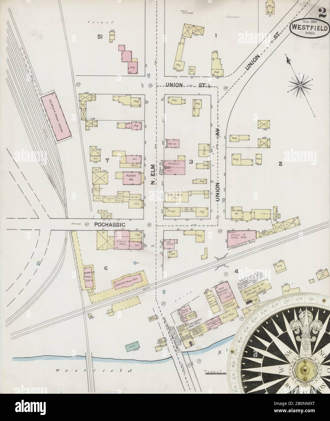 Bild 2 von Sanborn Fire Insurance Map aus Westfield, Hampden County, Massachusetts. März 1889. 11 Blatt(e), Amerika, Straßenkarte mit einem Kompass Aus Dem 19. Jahrhundert Stockfoto